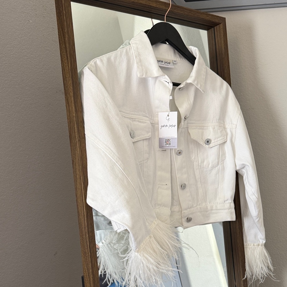 White Jean Jacket with Feather Trim